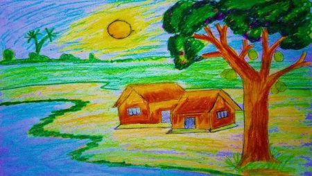 Летний пейзаж цветными карандашами