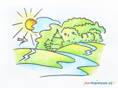 Летний пейзаж цветными карандашами