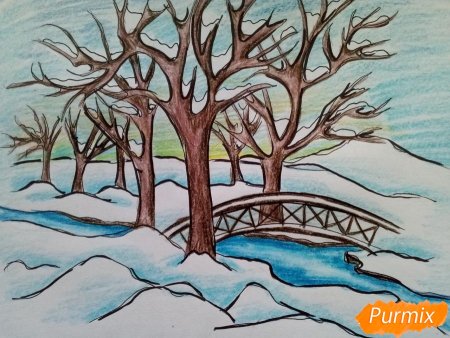 Зимний пейзаж цветными карандашами