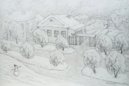 Зимний пейзаж карандашом