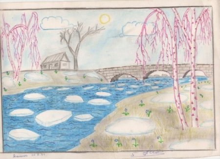 Весенний дождливый пейзаж карандашом