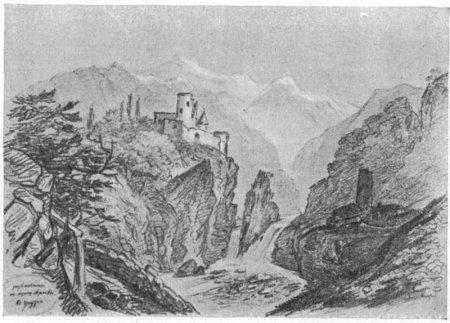 Дарьяльское ущелье с замком царицы Тамары. Карандаш. 1837