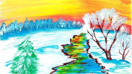 Новогодний пейзаж гуашью