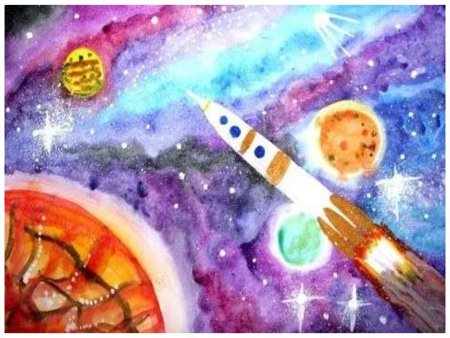 Космос рисунок акварелью для детей