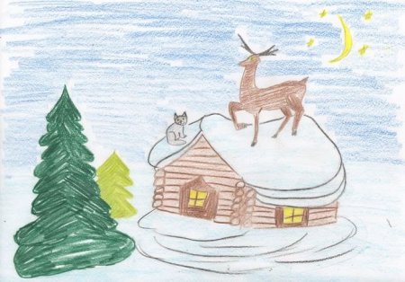 Зимний пейзаж с детьми пошагово