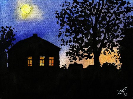 Ночной пейзаж гуашью