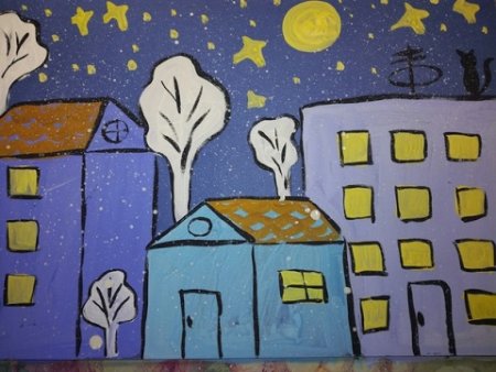 Пейзаж ночь гуашью