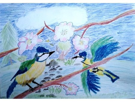 Рисование птицы на ветке