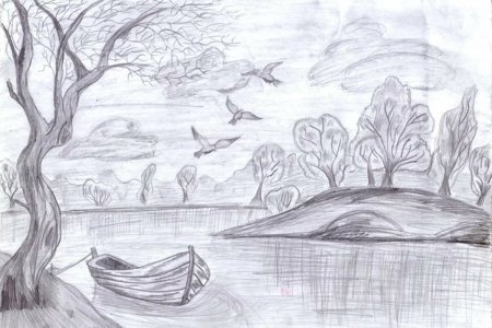 Летний пейзаж цветными карандашами