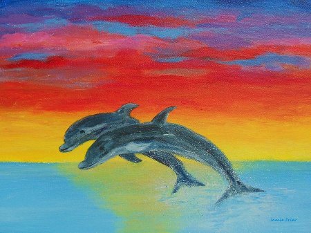 Дельфины цветными карандашами