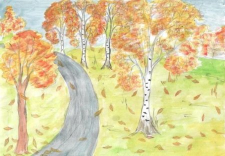 Осенний пейзаж цветными карандашами