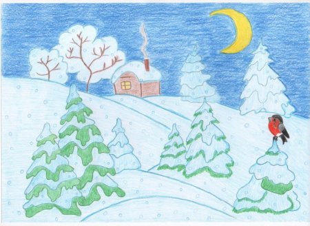 Зимний пейзаж карандашом для детей