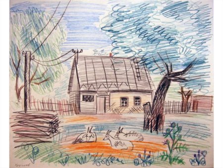 Сельский пейзаж цветными карандашами