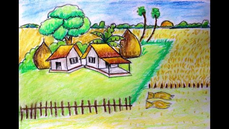 Деревня рисунок детский карандашом