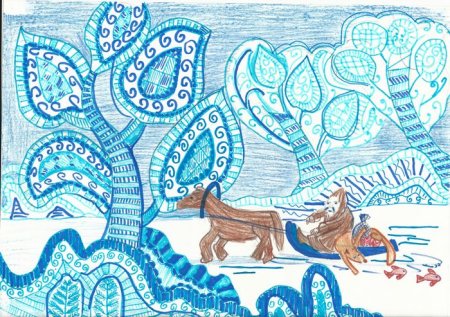 Зимний пейзаж детские рисунки красками