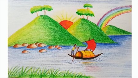 Пейзаж цветными карандашами для детей