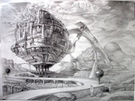 Фантастический пейзаж карандашом