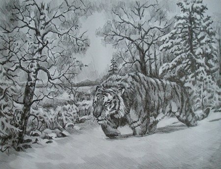 Пейзаж с животными карандашом