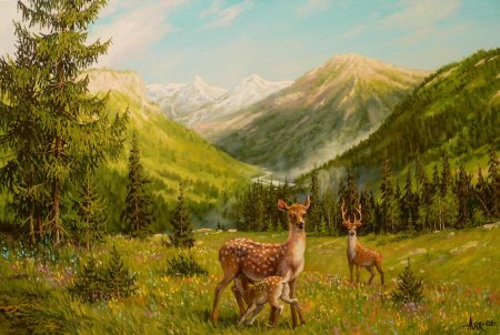 Пейзаж с животными карандашом
