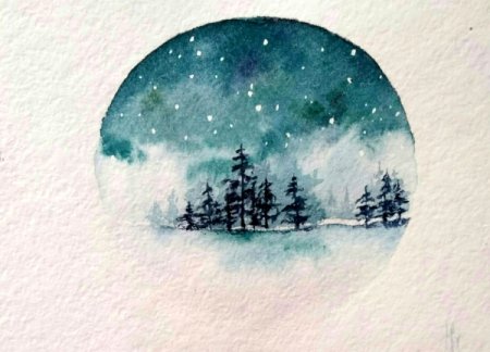 Зимний пейзаж акварелью легкие