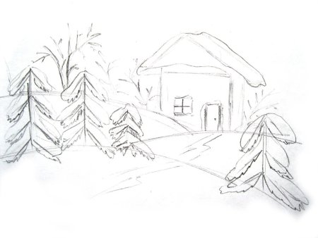 Зимний пейзаж карандашом