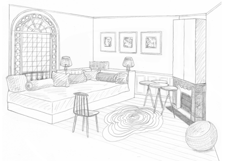 Рисунок детской комнаты с мебелью карандашом