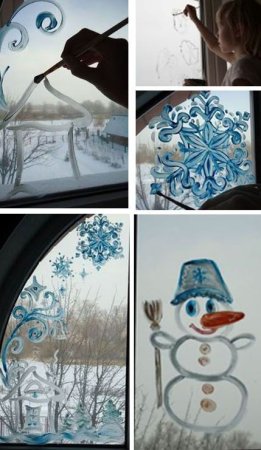 Гуашью на окне на новый год