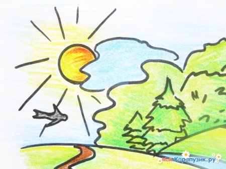Закат детский рисунок карандашами