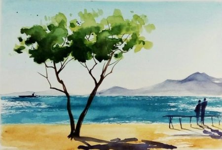 Пейзаж акварелью море