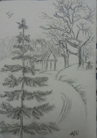 Зимний пейзаж простым карандашом