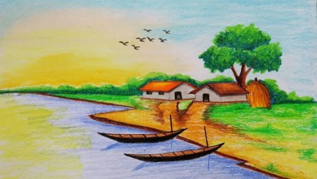 Пейзаж цветными карандашами для детей