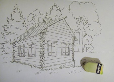 Деревянный дом карандашом