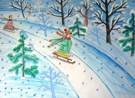 Зимний пейзаж акварелью для детей