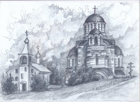 Эскиз церкви карандашом
