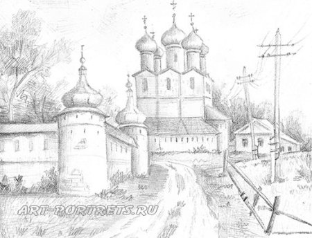 Пейзаж с Церковью карандашом