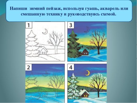Зимний пейзаж поэтапный рисунок