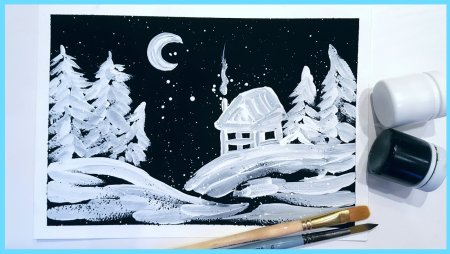 Зимний пейзаж белой гуашью на темном фоне