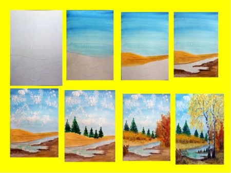 Этапы рисования пейзажа гуашью