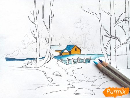Зимний пейзаж поэтапное рисование