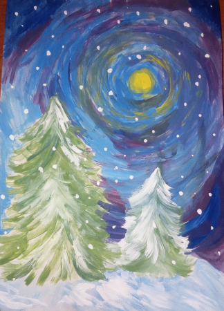 Новогодние детские работы гуашью