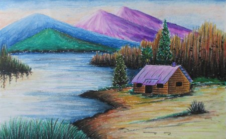 Летний пейзаж цветными карандашами