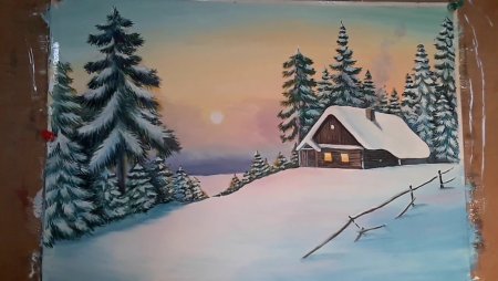 Зимний пейзаж гуашью