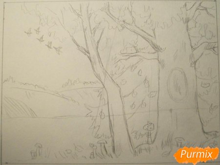 Осенний пейзаж простым карандашом