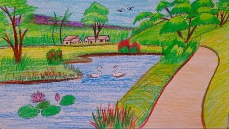 Летний пейзаж цветными карандашами