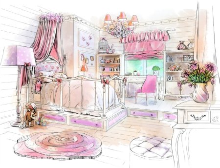 Интерьер детской комнаты акварель