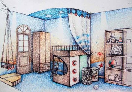 Эскиз интерьера детской комнаты