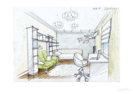 Эскиз интерьера детской комнаты