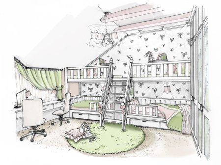 Эскиз интерьера детской комнаты