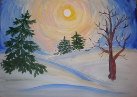 Зима,солнце гуашь дети