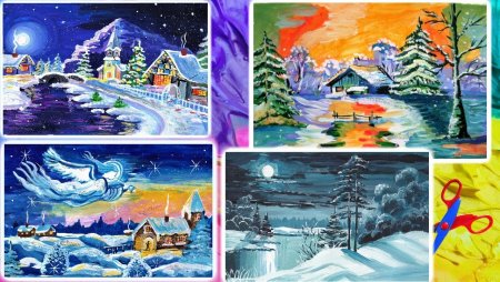 Зима гуашью поэтапно